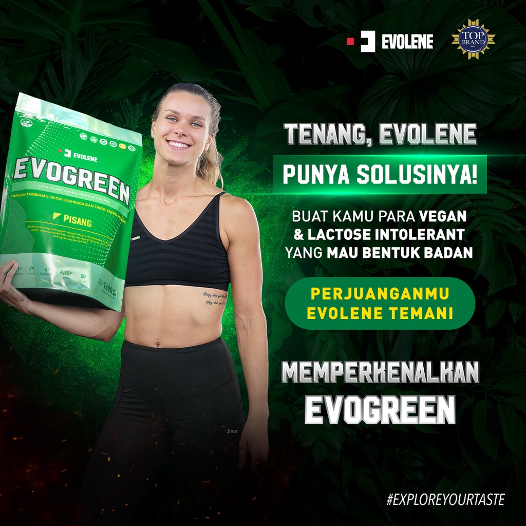 EVOLENE EVOGREEN 1 Sachet 1 Serving Vegan Protein Plant Based Supplement Suplemen Fitness BPOM HALAL EVO GREEN EVOGREN EVOLINE EVOLEN EVOLINE EVOLEN PISANG COKLAT SURABAYA