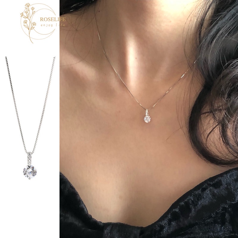 Roselife Kalung Choker Rantai Silver Minimalis Liontin Geometri Bulat Hias Kristal Zircon Untuk Wanita