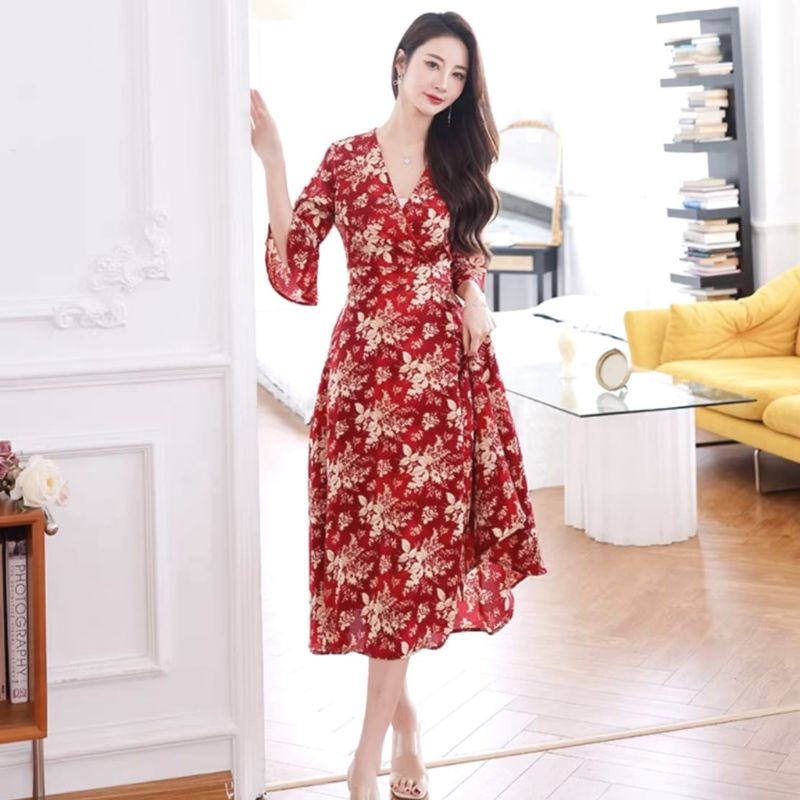 0981 fashion Baju Midi dress dres bunga merah red natal Christmas pesta kondangan luaran impor impor