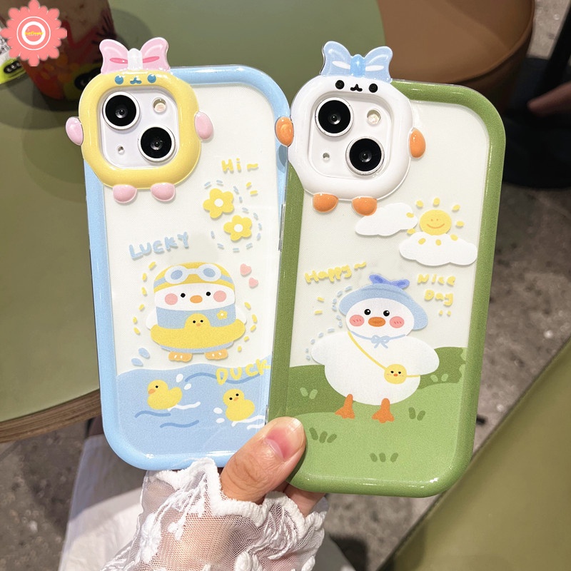 Soft Case Motif Kartun Bebek Keberuntungan 3D Untuk iPhone 11 12 13 14 Pro MAX XR 6 6s 7 8 14 Plus X XS MAX SE 2020