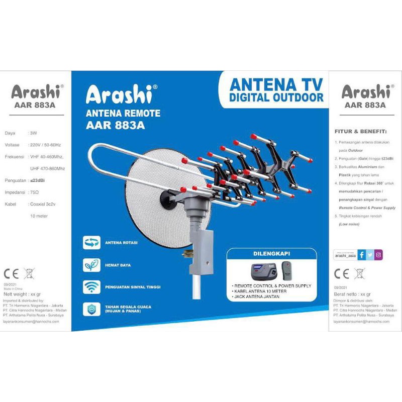 antena digital remote arashi AAR 883A / indoor &amp; outdoor / 100% original / free kabel 10 meter