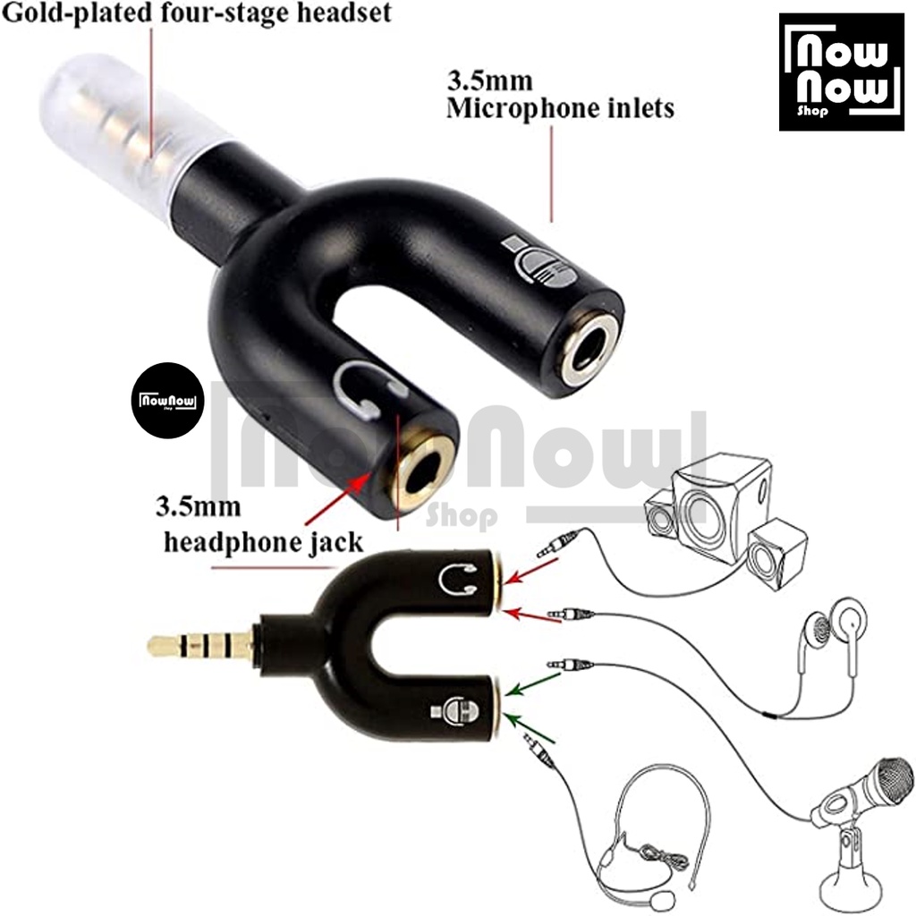 Audio Splitter U Shape 2in1 Connector Audio Aux Jack 3.5mm to Dual Female Headset + Mic 2 Lubang Port Colokan Microphone Earphone HP Spliter Konektor Smule