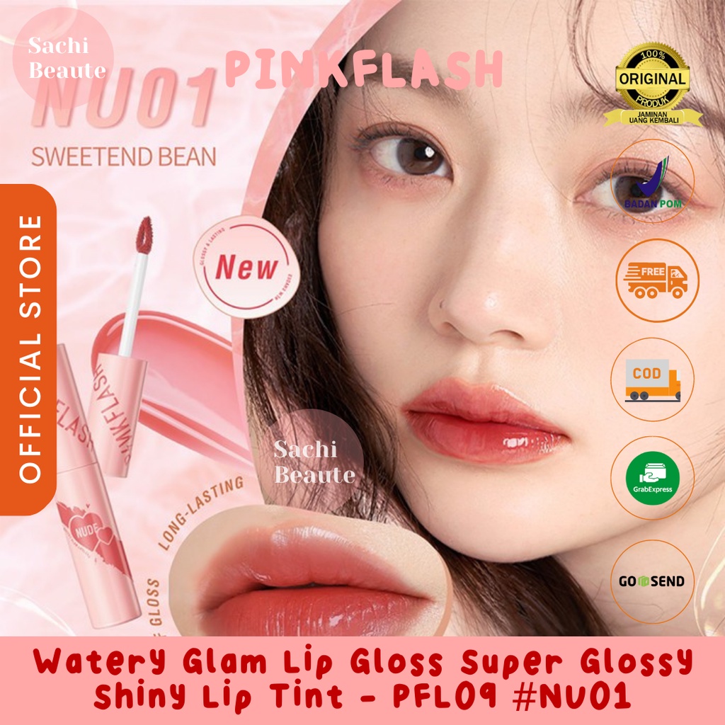 PINKFLASH Watery Glam Lip Gloss Lipstick Super Glossy Shiny Moisturizing Non Sticky Long Lasting Meremajakan Bibir - NU01