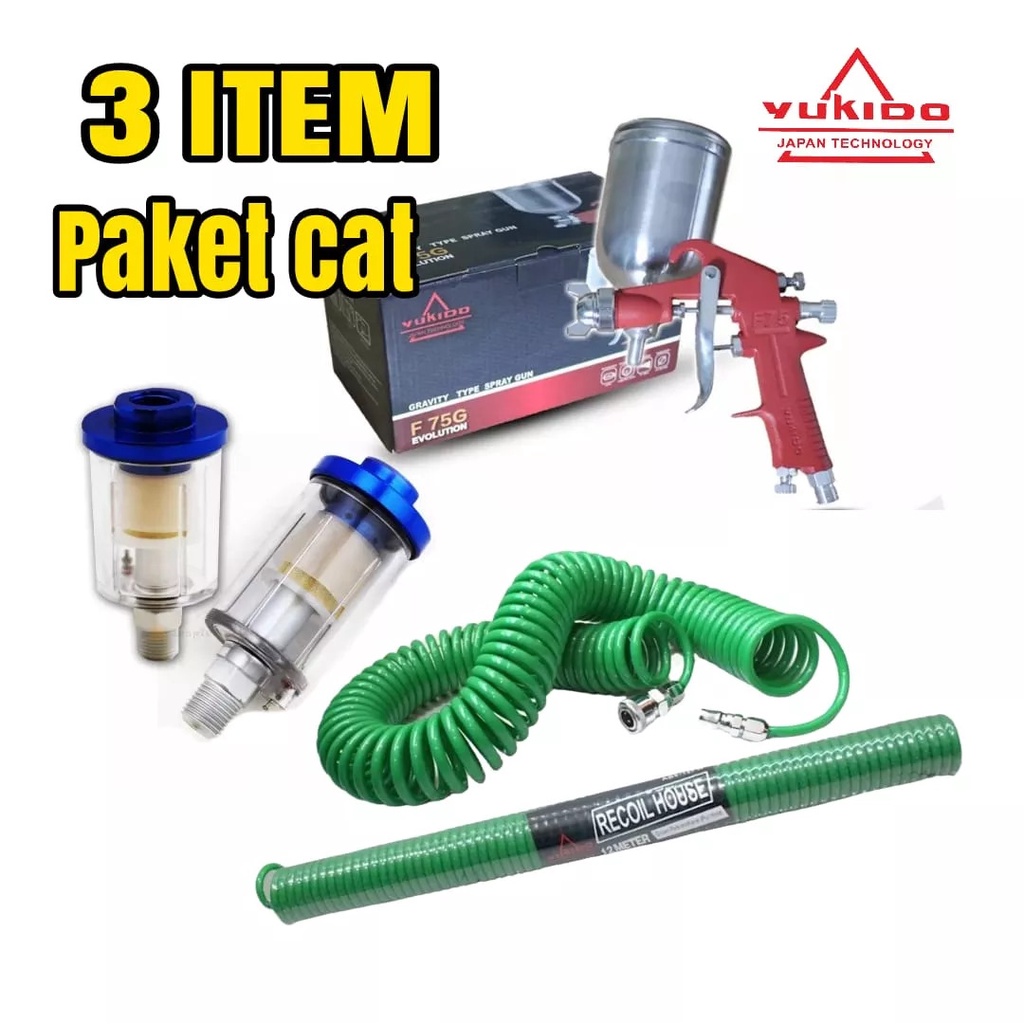 PROMO PAKET HEMAT Alat Semprot Spray Gun F75G  Spet Cat Semprot Plus Selang Recoil HoseYUKIDO 6 meter BONUS Air Water Oil Filter Separator Filter 1/4 Air Saringan Udara Kompresor