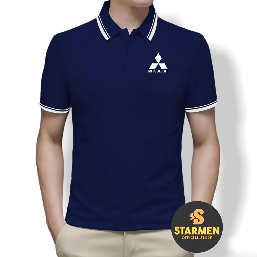 Kaos Polo Shirt Pria Kerah List Putih logo MITSUBISII