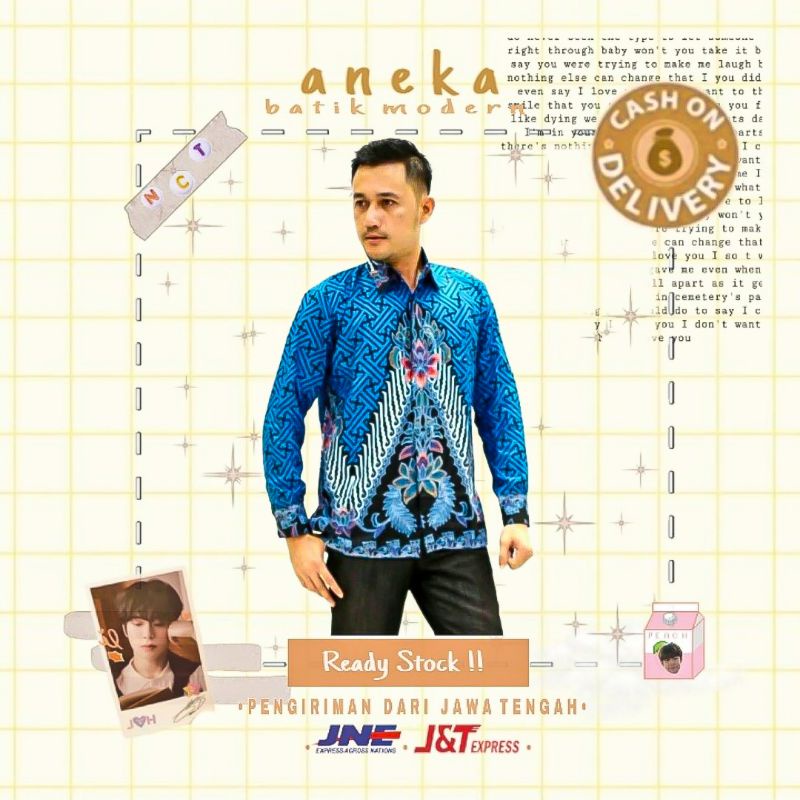 [HB] ATASAN HEM BATIK COWOK LENGAN PANJANG MOTIF GEDHEK TUMPAL BIRU MUDA HIJAU