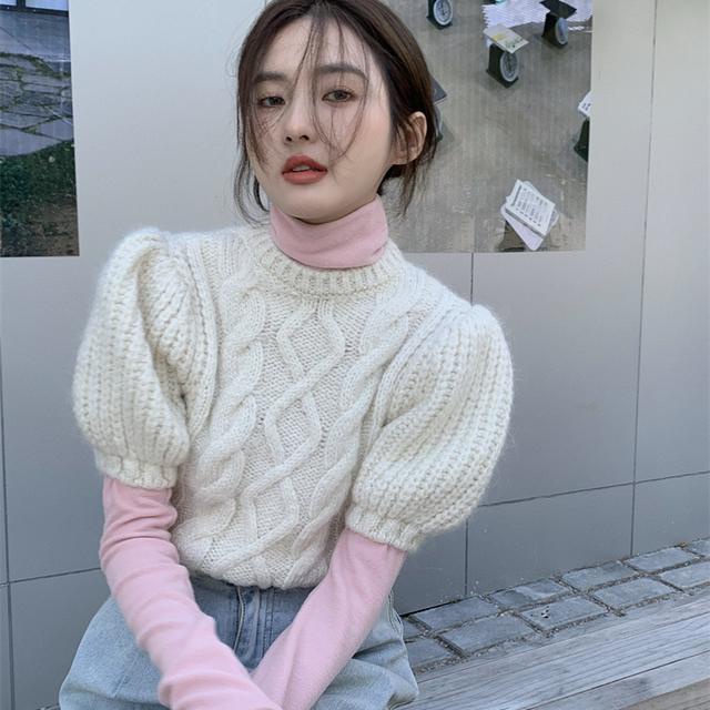 Red Dua setelan satu potong Desain musim dingin anak perempuan terlihat tipis Puff sleeve twist lengan pendek sweater + brushed high collar bottoming T-shirt