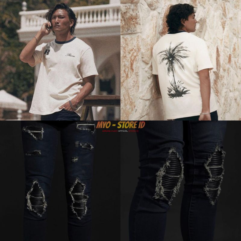 RUCAS SEASON 10 CAVIAR LEATHER V2 DARK NAVY JEANS & TSHIRT HAND PAINTED PALM TREE SERIES ORIGINAL 10