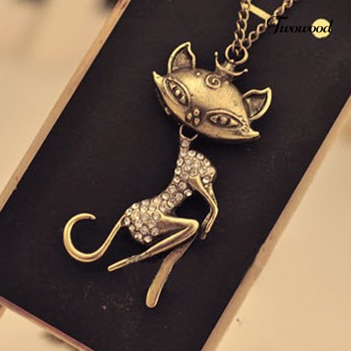 Kalung Rantai Dengan Liontin Bentuk Kucing Aksen Berlian Imitasi Gaya Vintage Untuk Wanita
