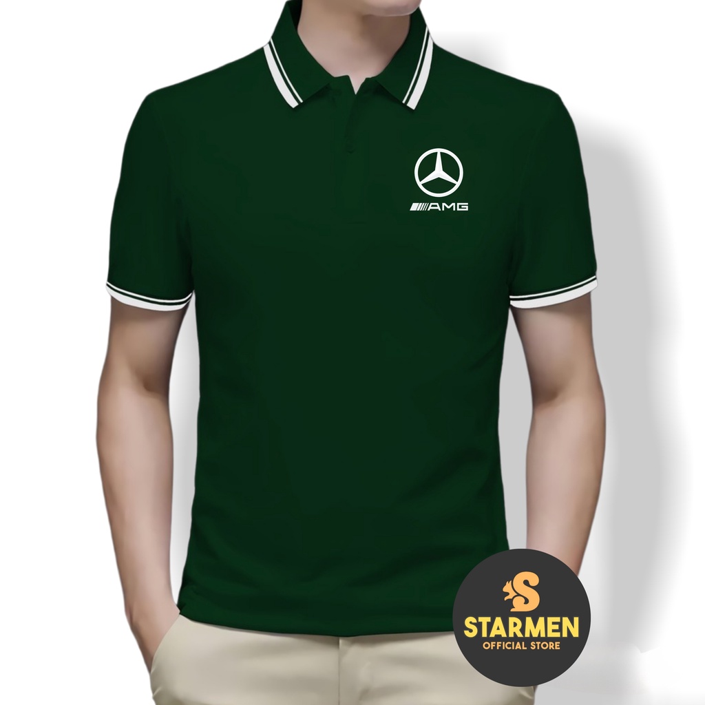 Kaos Polo Shirt Pria Kerah List Putih logo AMG