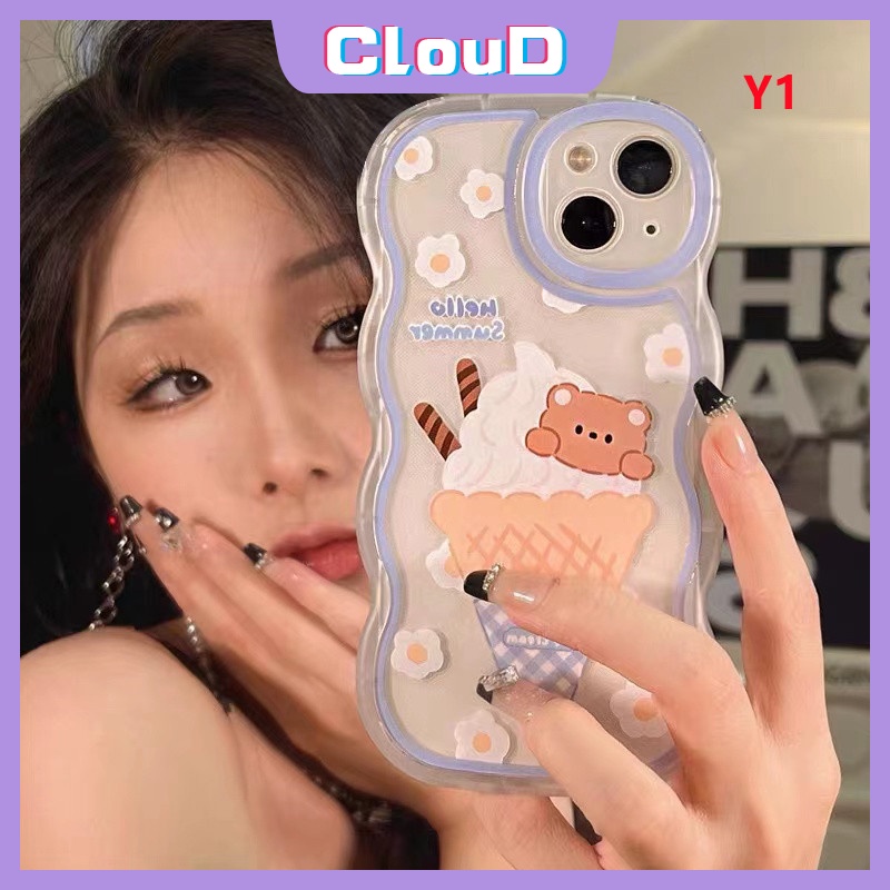 Ice Cream Kartun Beruang Lucu Case Samsung A04s A50 A04 A14 A13 A22 A32 A03s A02s A23 A11 A53 M32 A33 A30s A21s A20 A51 A03 A12 A52 A50s A52s A31 Wavy Edge Fresh Flower Soft Cover