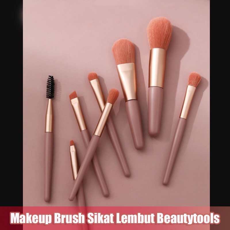 8Pcs Makeup Brush Sikat Lembut Beautytools Alat Rias Tas Kuas Portabel Lembut