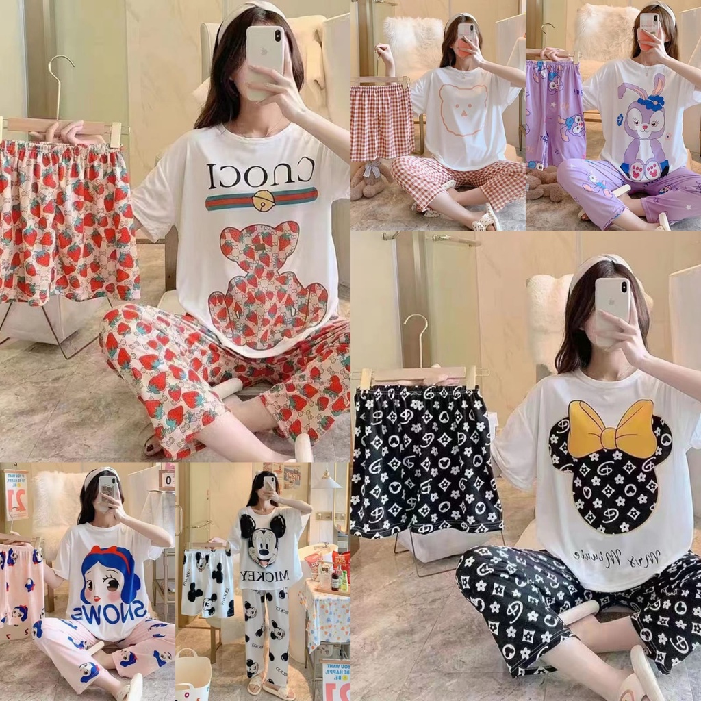 JC2002 Piyama Premium  Baju Tidur 3in1 Set Baju Tidur Wanita Motif Lucu Lengan Pendek Celana Panjang Celana Pendek