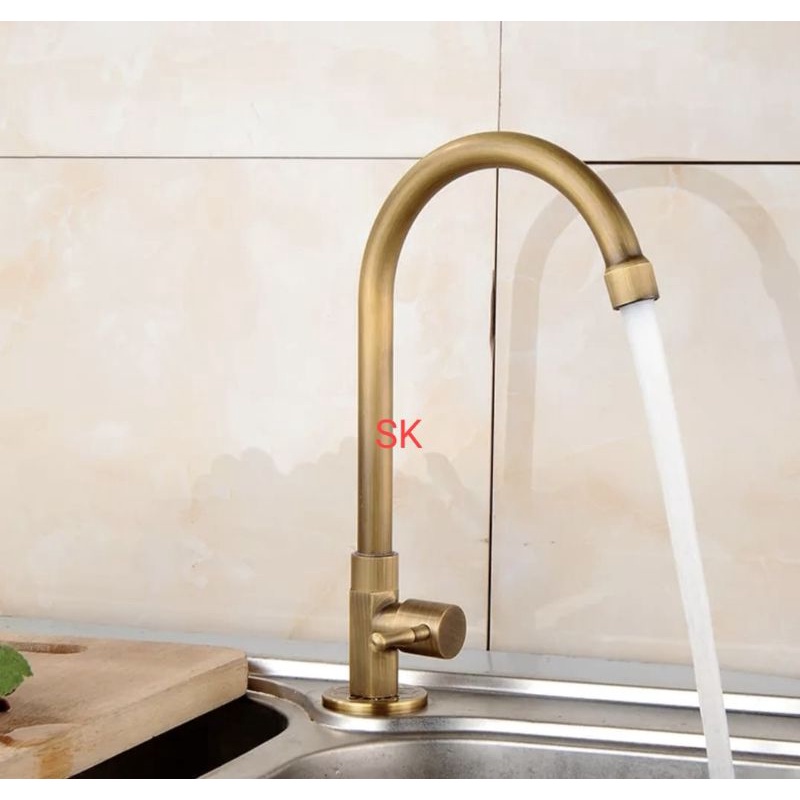 Keran Dapur Cuci Piring Sink Angsa Tanam Wastafel Engkol Minimalis Gold Emas - Kran Sink Bak Cuci Piring Tanam Washtafel Golg