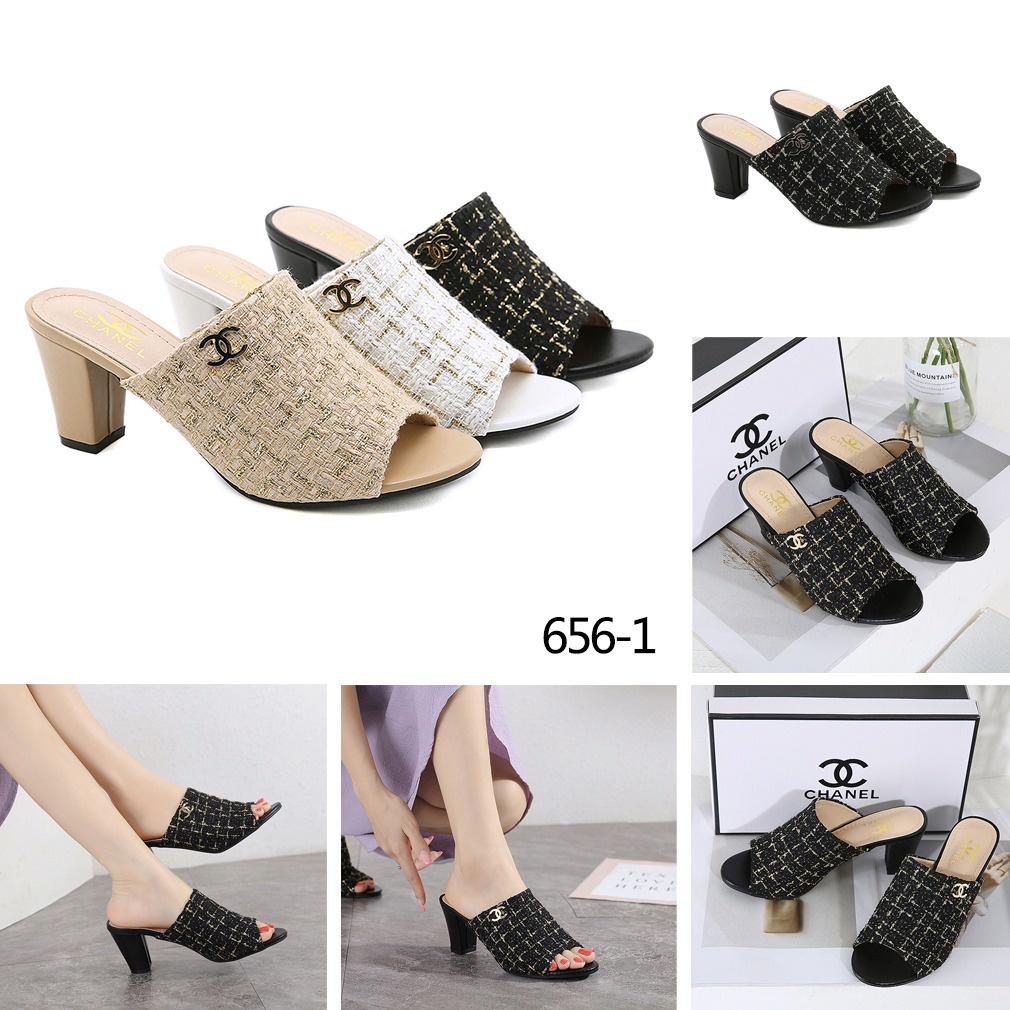 CH Tweed Logo CC Block Heels Sandals 656-1