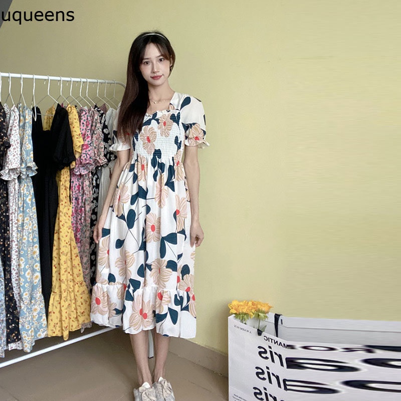 elegan A-line Gaun Semi Floral Kasual Baru Dress Pantai Gaya