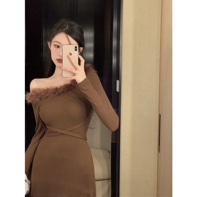 Suhao Pure Desire Style Slim One-Shoulder Dress 2022 Musim Gugur dan Musim Dingin Temperamen Tanpa Tali Lengan Panjang Panjang Celah Bulu Rok Panjang
