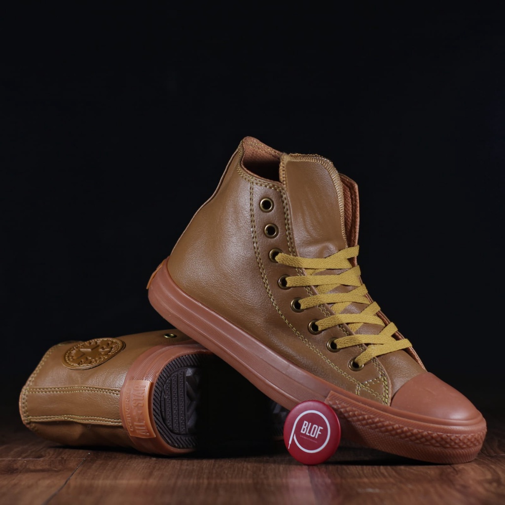 Sepatu Pria dan Wanita Converse Kulit Leather High Coklat Muda Sol Gum Sepatu Coklat Super Premium U