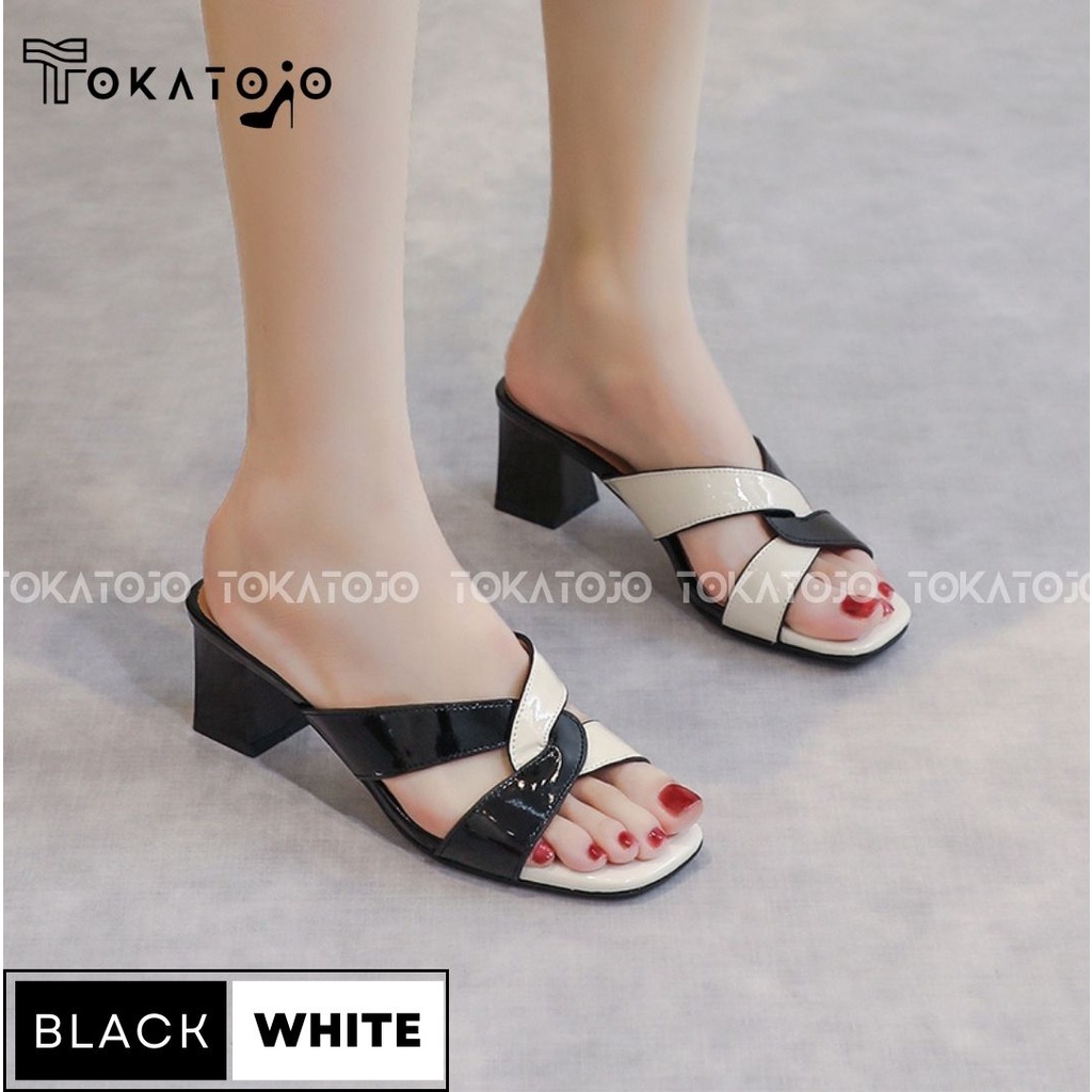 Sendal hak 5 cm heels silang  terbaru black and white cantik dan elegan