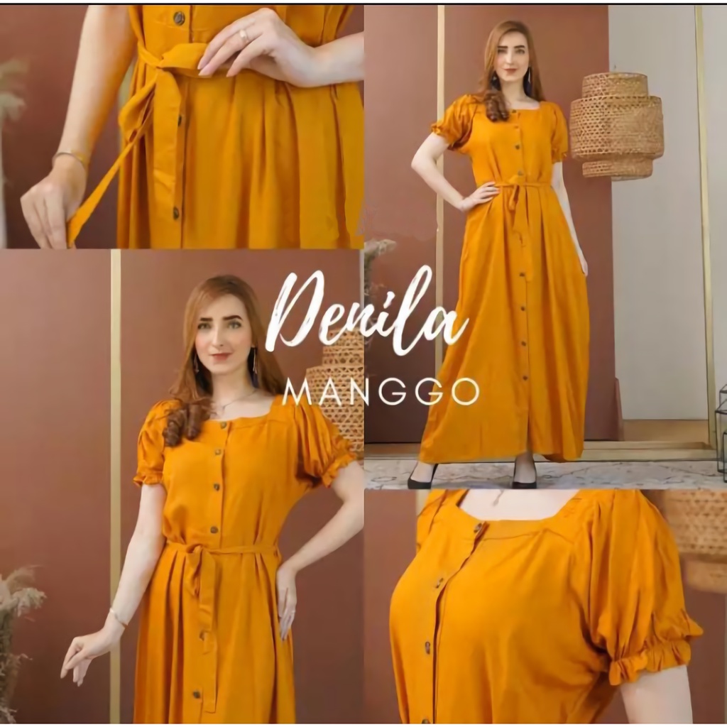 Dress Panjang Denila Bahan Rayon Kancing Depan Lengan Pendek