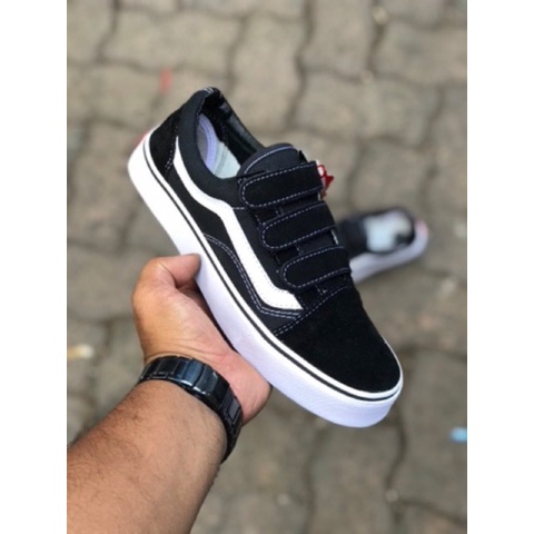 Sepatu Vans Oldskool Velcro Black White Sneakers Pria Kets Hitam Putih Kado Hadiah Sekolah Kuliah Kerja