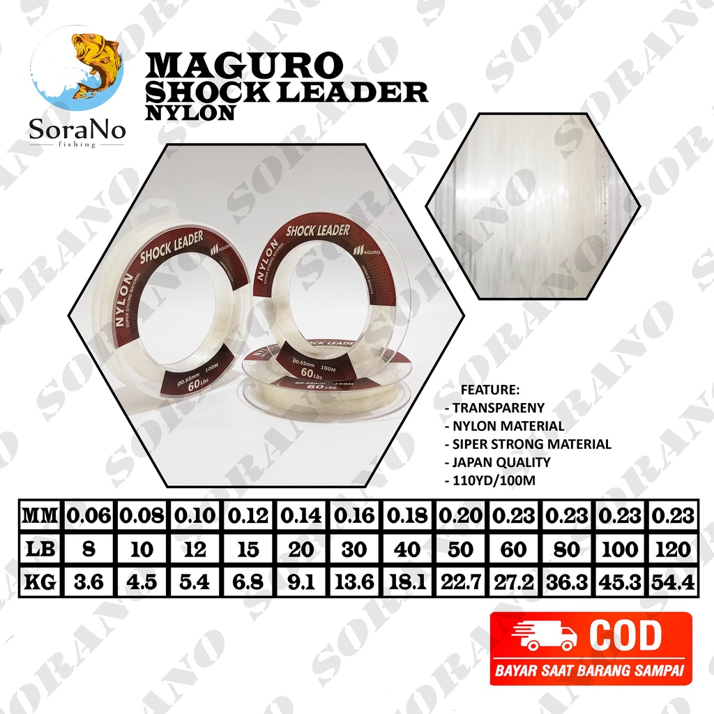 SENAR LEADER PANCING MAGURO SHOCK LEADER NYLON 100M UKURAN  8  10  12  15  20  30  40  50  60  80  1