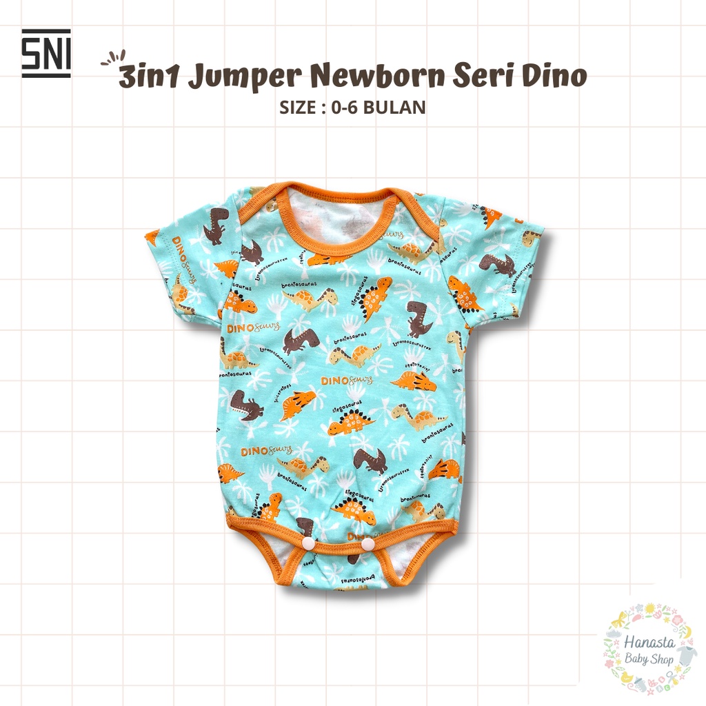 Jumper Bayi 3in1 Lengan Pendek Jumpsuit Newborn 0-6 Bulan Seri Dino