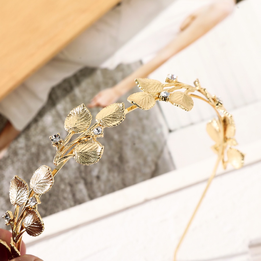 Headband Bentuk Daun Warna Emas Aksen Kristal Berlian Imitasi Bahan Alloy Gaya Korea Untuk Wanita