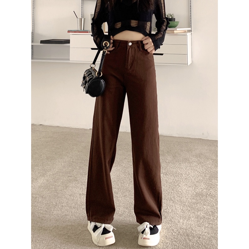 Coklat Highwaist Loose Straight Celana Jeans Panjang Wanita