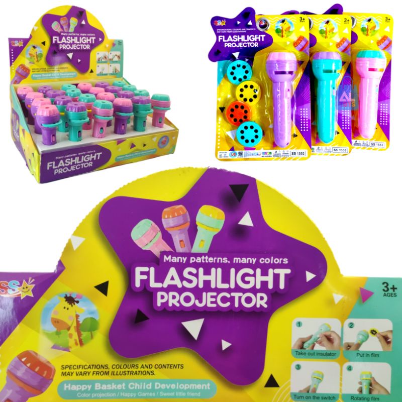 Mainan senter night flashlight projector gambar karakter animal, kendaraan, huruf flashlight projector murah