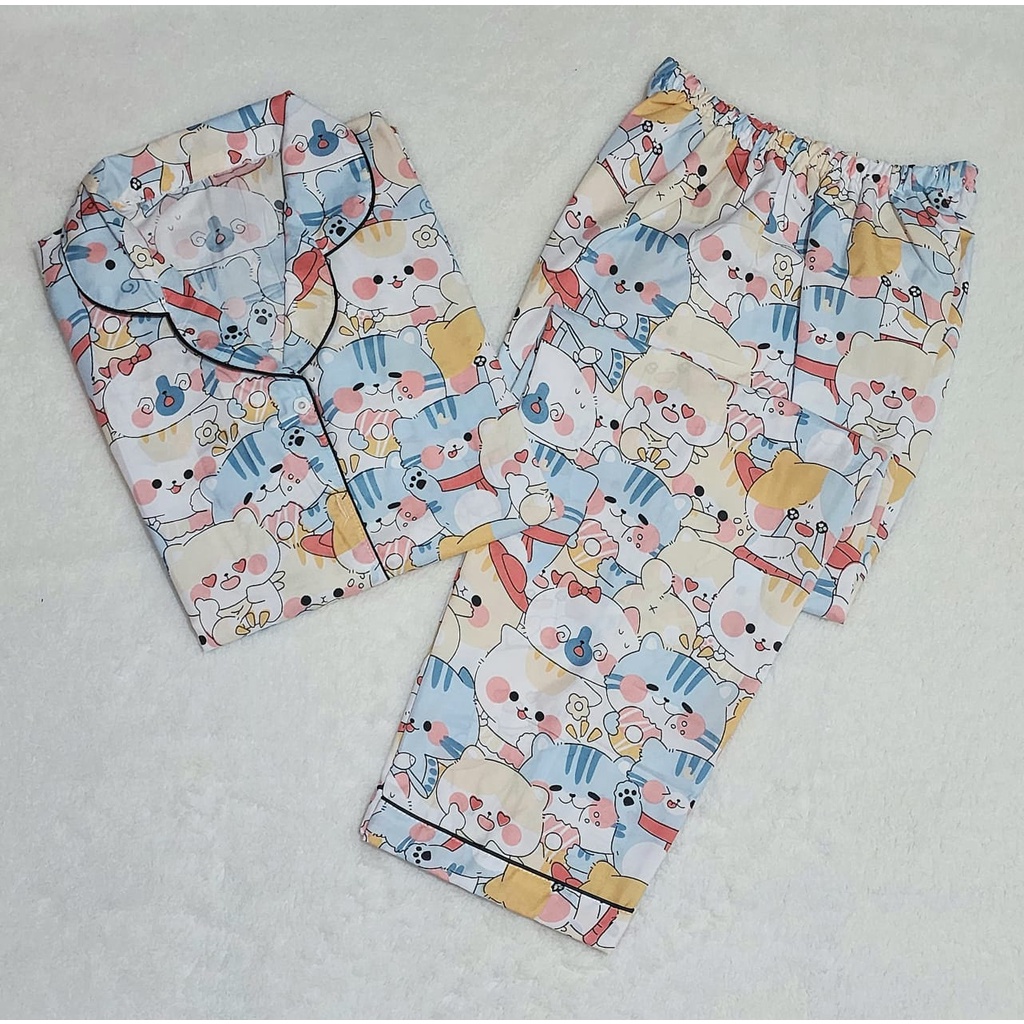 piyama baju tidur dewasa motif kucing part 1 setelan pajamas cewek wanita lengan pendek lengan panjang celana panjang