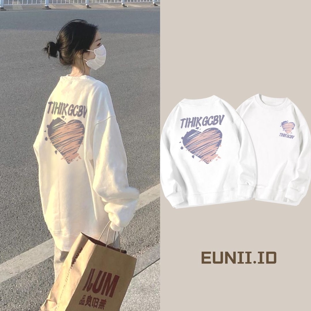 EUNII Sweater Lengan Panjang Graffiti Love Korean Style/Hoodie Oversize/Baju Wanita/Switer Wanita