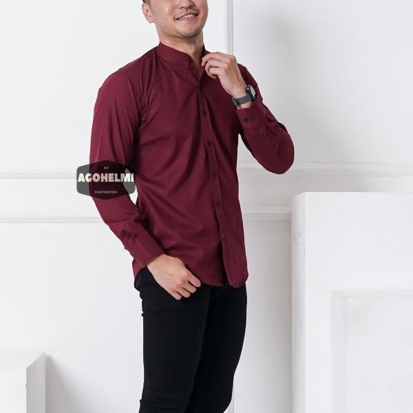 Kemeja Lengan Panjang Pria Merah Maroon Kerah Shanghai Polos Slimfit - Maroon, L