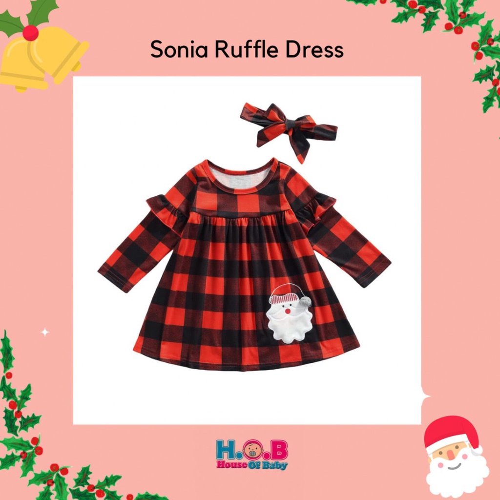 Sonia Ruffle Dress / dress natal anak / dress santa anak / baju natal anak perempuan / baju kotak ko