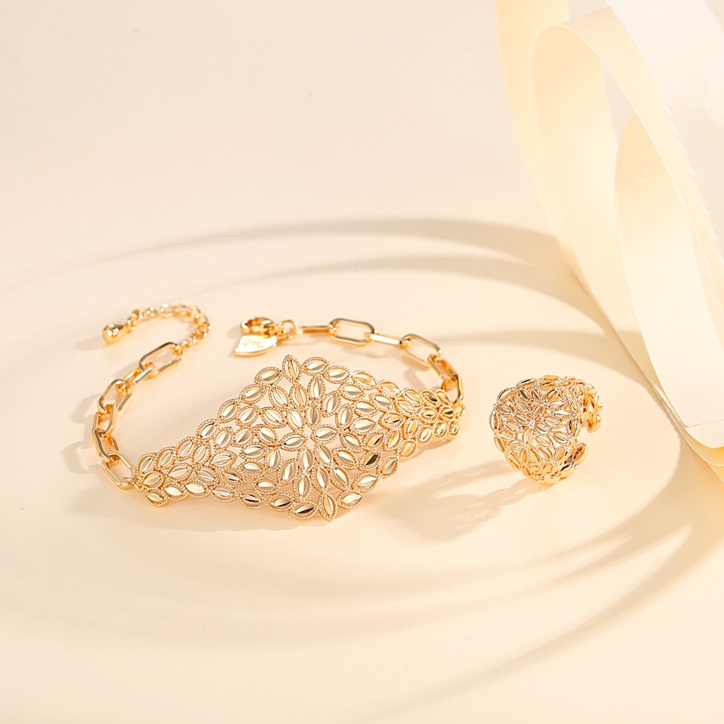 Y878 【Barang spot】18K Lapis Emas Set Gelang Cincin Wanita Titanium Mewah Anti Karat Anti Luntur Set Perhiasan Dewasa Pernikahan