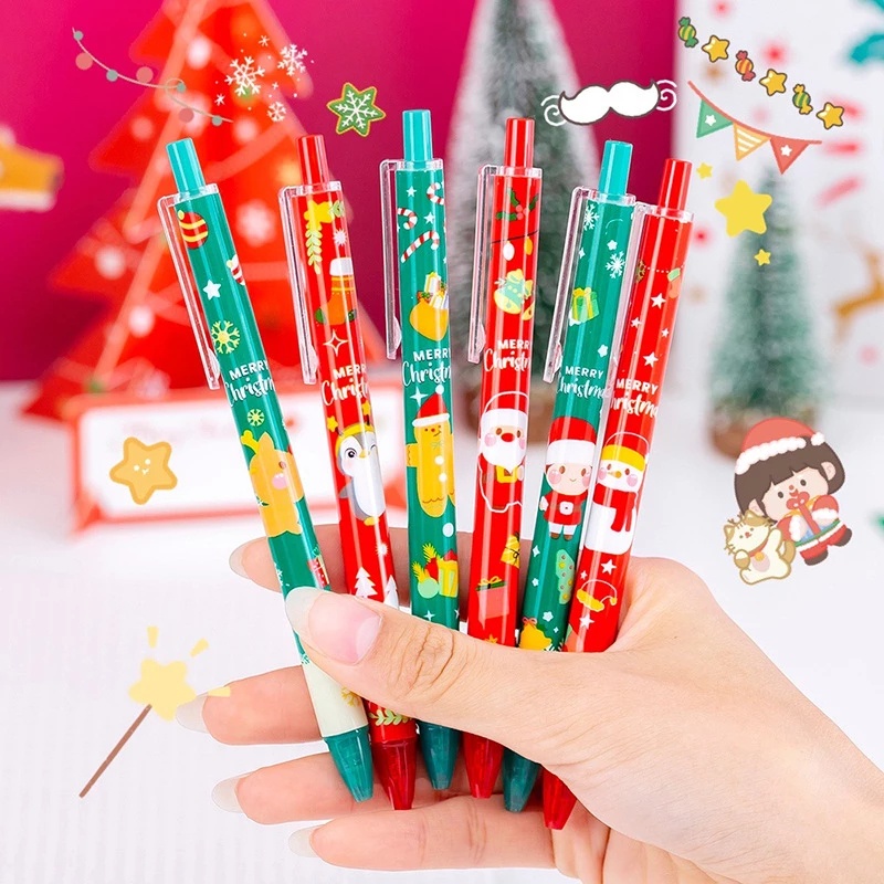 1pc Pen Gel Hitam Motif Print Kartun Rusa / Snowman / Santa Claus Warna Acak Untuk Stationery Sekolah / Kantor