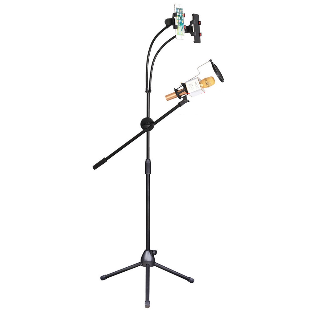 TaffSTUDIO Microphone Standing Holder Tripod with 2 x Smartphone Holder - Black - 7RSK03BK