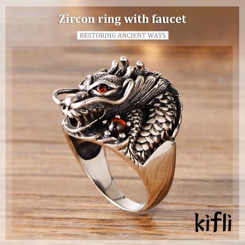 Cincin Lapis Silver Desain Kepala Naga Hias Zircon Gaya Vintage Untuk Wanita