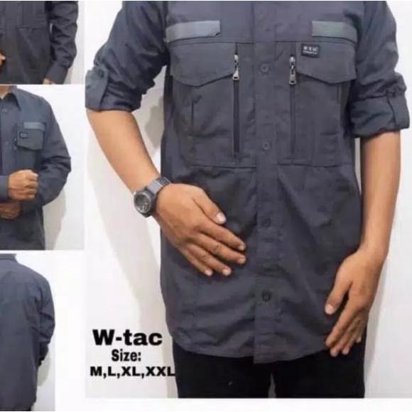 Baju Kemeja Pria Tactical WTAC Lengan Panjang Motif Polos Type Reguler - Abu-abu, M