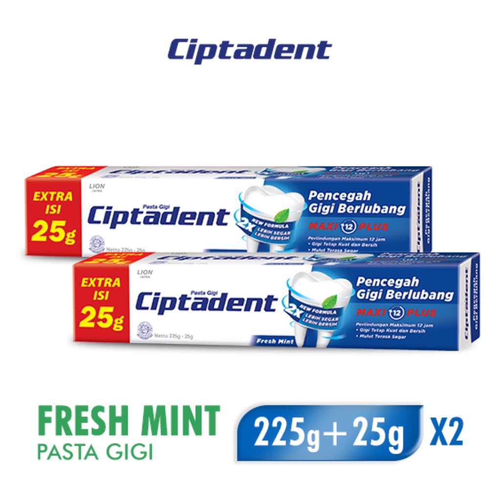 Ciptadent Pasta Gigi Maxi 12 Fresh Mint Tube Plus Jumbo 225gr x2