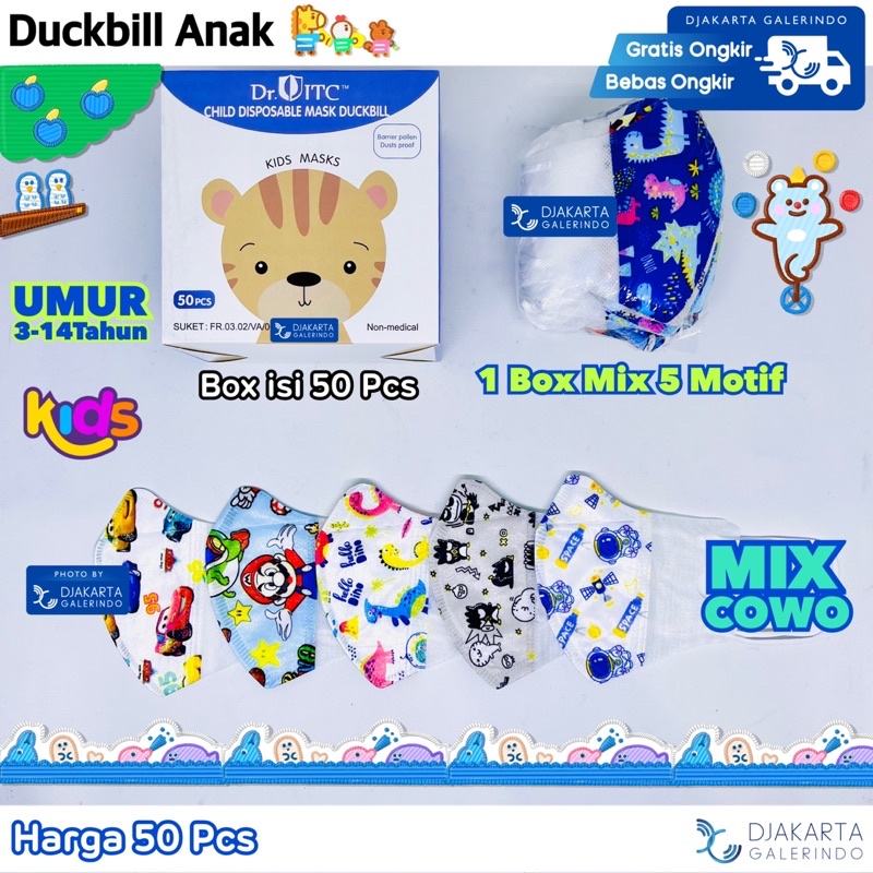 Masker Duckbill Anak 3Ply Motif Box isi 50Pcs