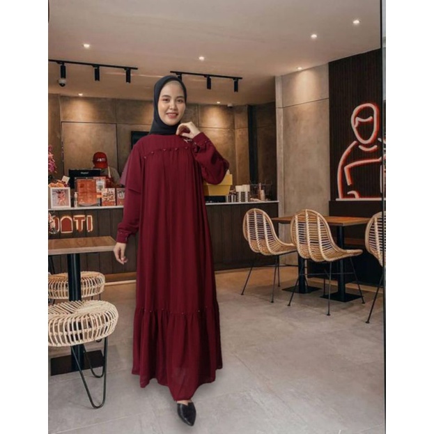 Zaja - Baju Gamis Ceruty Payet Cantik Bahu Tambahan &amp; Ikat Pinggang Lepas Yang Elegant Busana Muslim Perempuan Polos Mewah