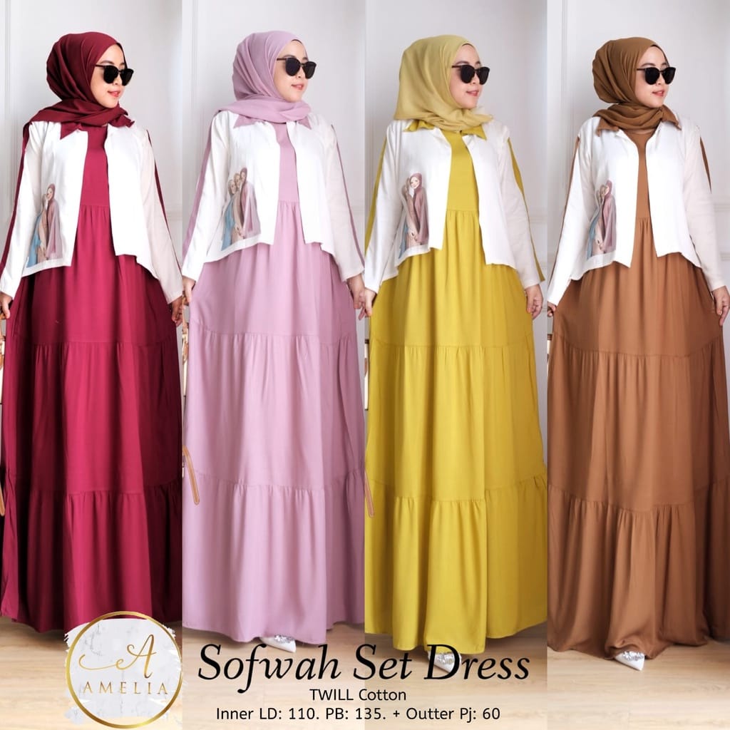 Baju Gamis Set Outer Sofwah Set Katun Rayon Dress Korea Setelan Wanita Kekinian Fashion Muslim One Set Jumbo Aplikasi Sablon