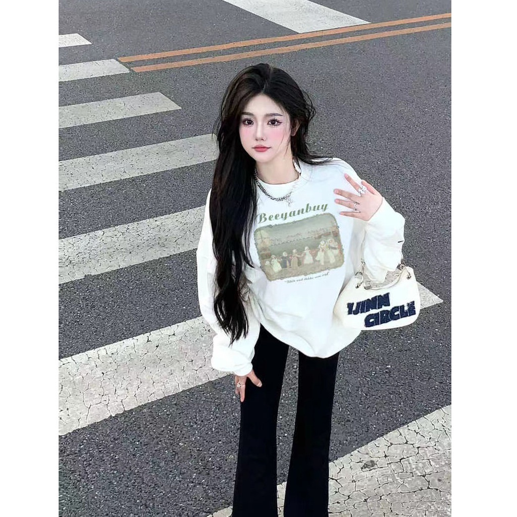 Silver fox beludru gaya Amerika kepribadian hiphop dicetak sweater wanita musim gugur dan musim dingin high street ceruk longgar jaket atas leher bulat trendi