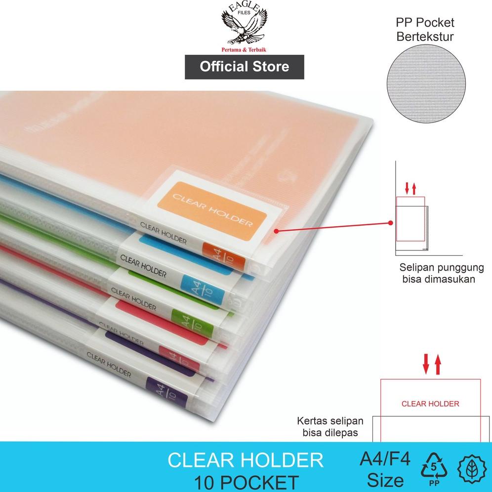 

PRODUK- CLEAR HOLDER / DOKUMEN KEEPER / DISPLAY BOOK / DOCUMENT KEEPER EAGLE WARNA NEON A4 / F4 10 POCKET .