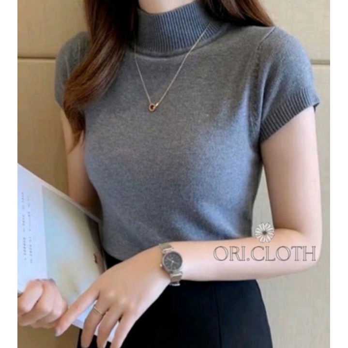 Atasan rajut wanita Turtleeneck-kera tinggi lengan pendek-kaos turtleneck rib lengan pendek