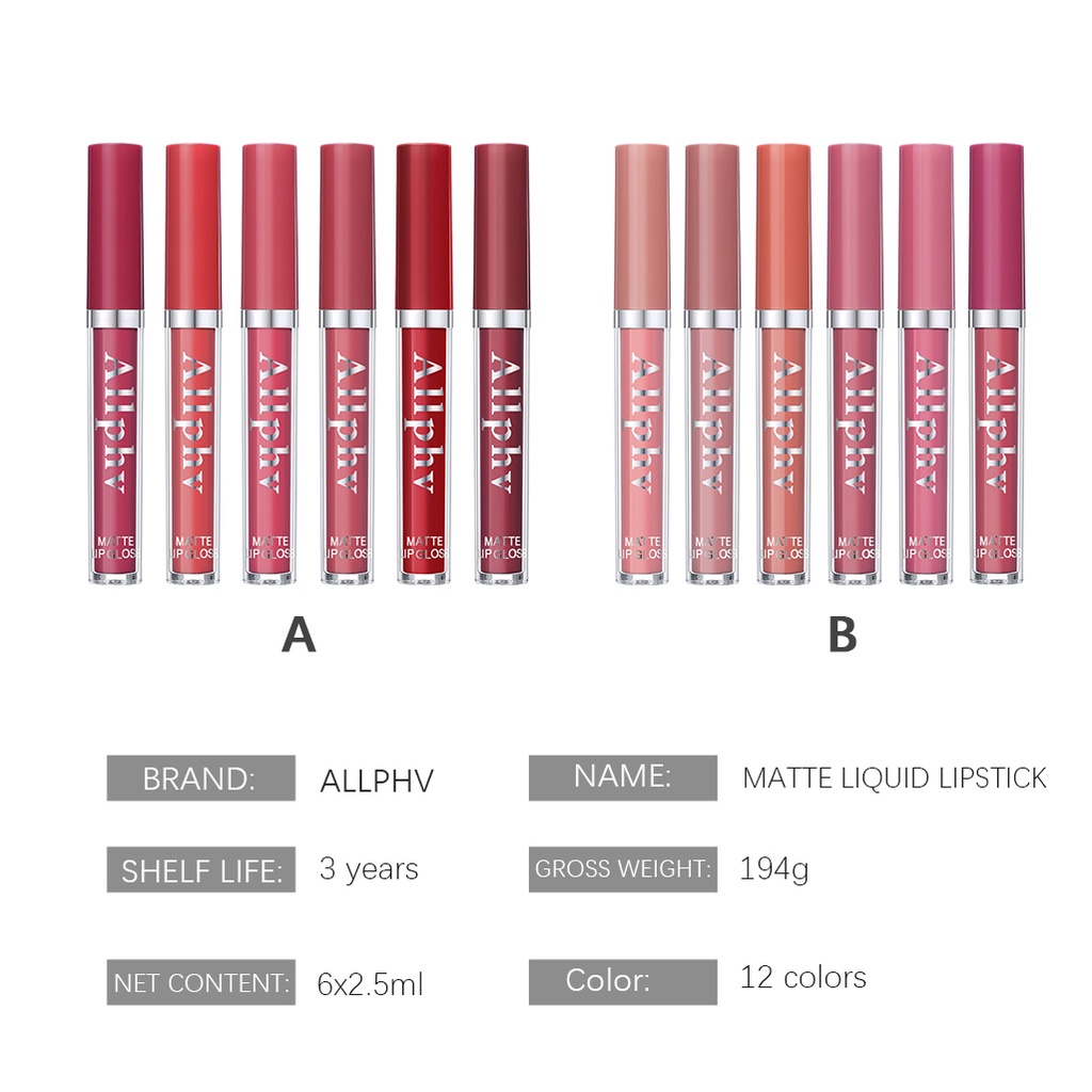 【asli】Allphv  Lipstick Matte Set Waterproof Lip Gloss Velvet Matte Lips stisk Set Box 6Pcs
