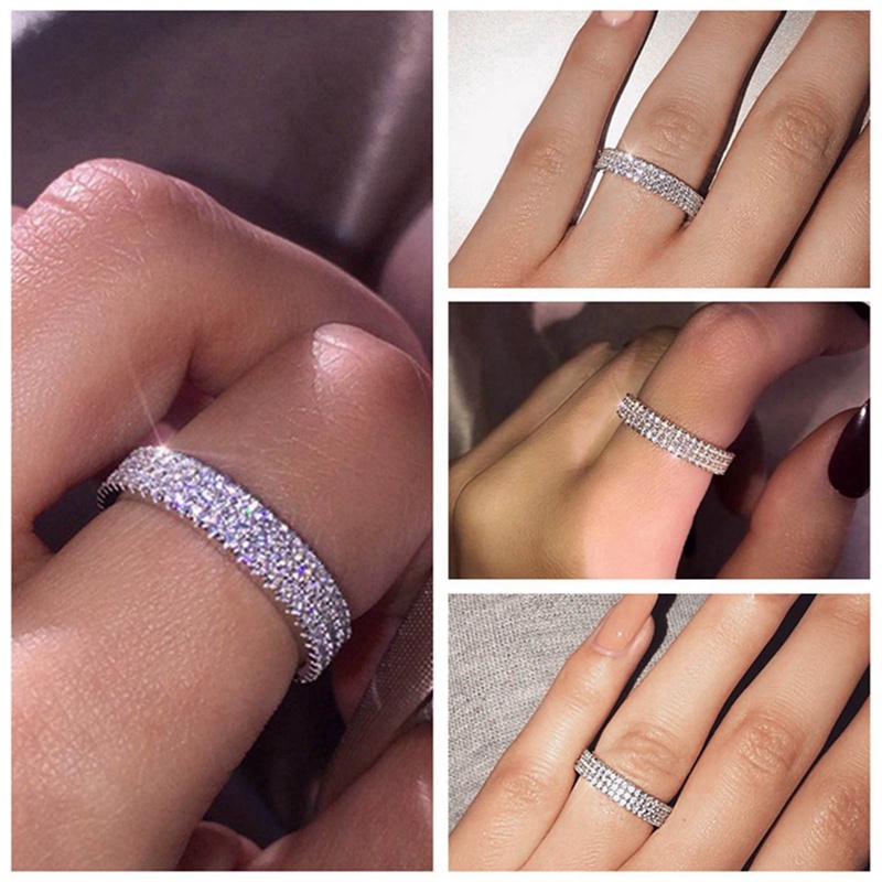 Fancyqube Cincin Kristal Zircon 3 Baris Bentuk Setengah Lingkaran Bling Untuk Wanita