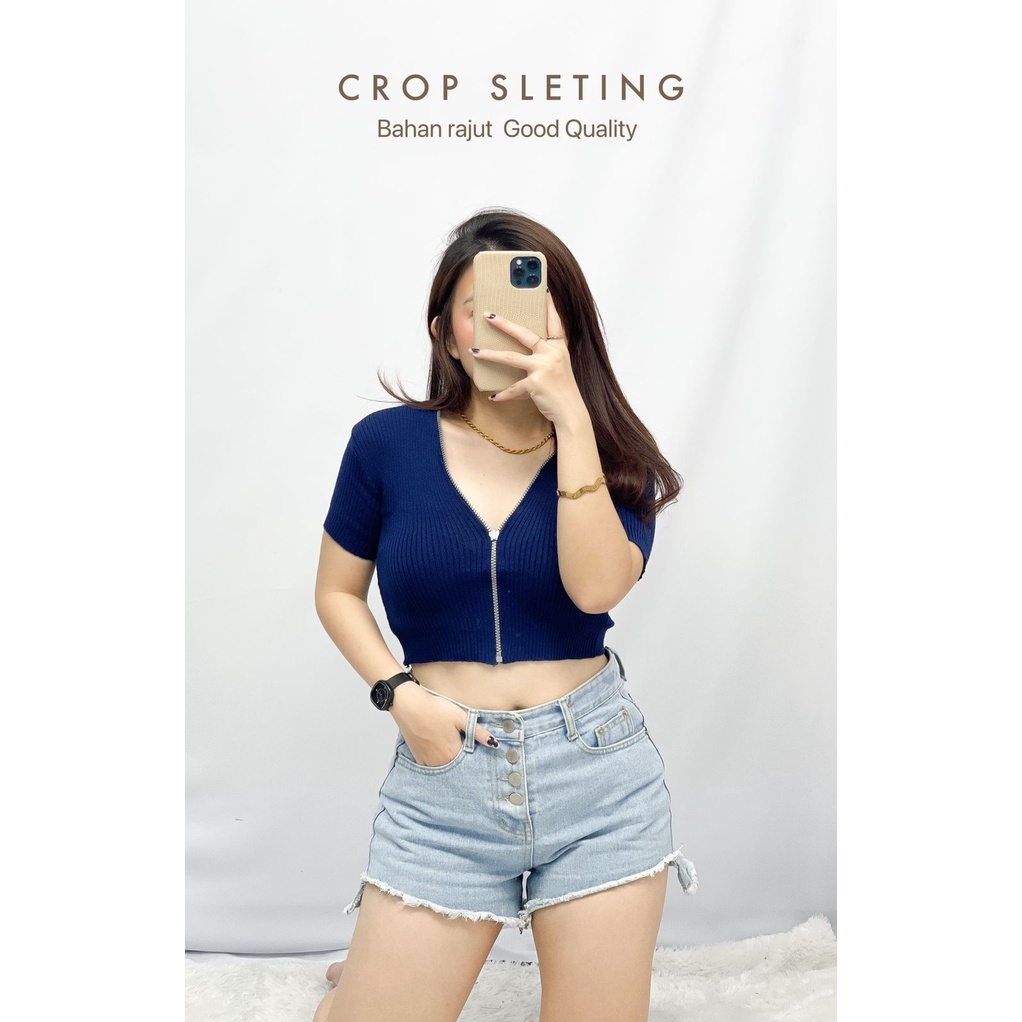 Basic id fashion  Crop Top Rajut Zipper / Crop Top lengan pendek