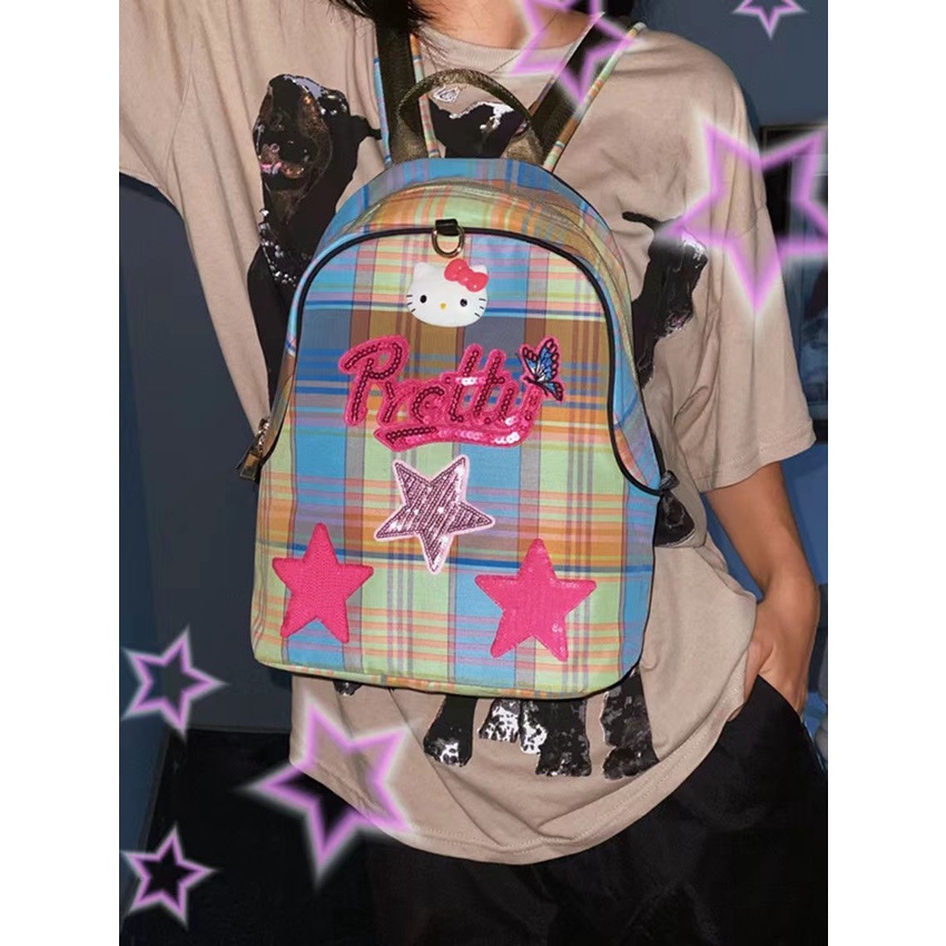 Sera kaka homemade y2k sweet hot girl star kitty cat KT student backpack classic plaid casual small schoolbag female